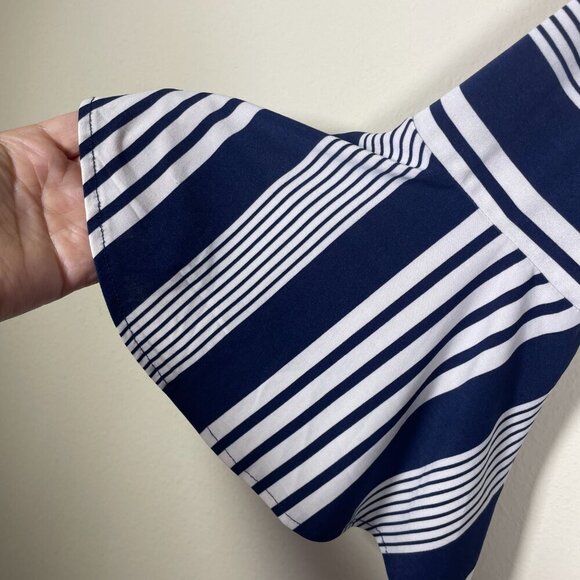 eci Women Navy White Stripe Long Bell Sleeve Pant Romper Jumpsuit Stretch Large! - Picture 3 of 7